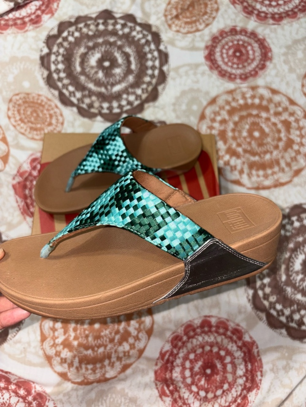 Fitflop Teal Woven Platform Thong Sandals with Brown Sole